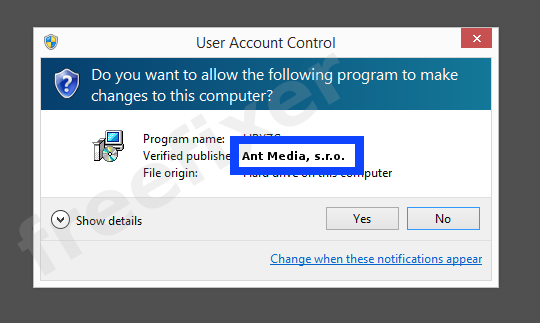 Screenshot where Ant Media, s.r.o. appears as the verified publisher in the UAC dialog